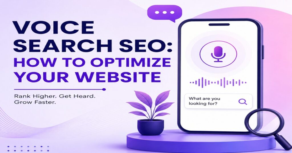 Illustration of a smartphone with a microphone icon representing voice search, alongside SEO and search optimization elements. The image features the title 