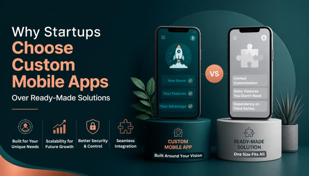 Illustration comparing a custom mobile app with a ready-made solution. The left side highlights 