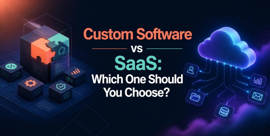 Professional technology banner comparing custom software and SaaS, with modular software blocks on the left, a glowing cloud-based system on the right, and the headline “Custom Software vs SaaS: Which One Should You Choose?” in the center.